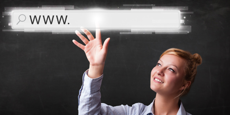 Woman touching a virtual search bar